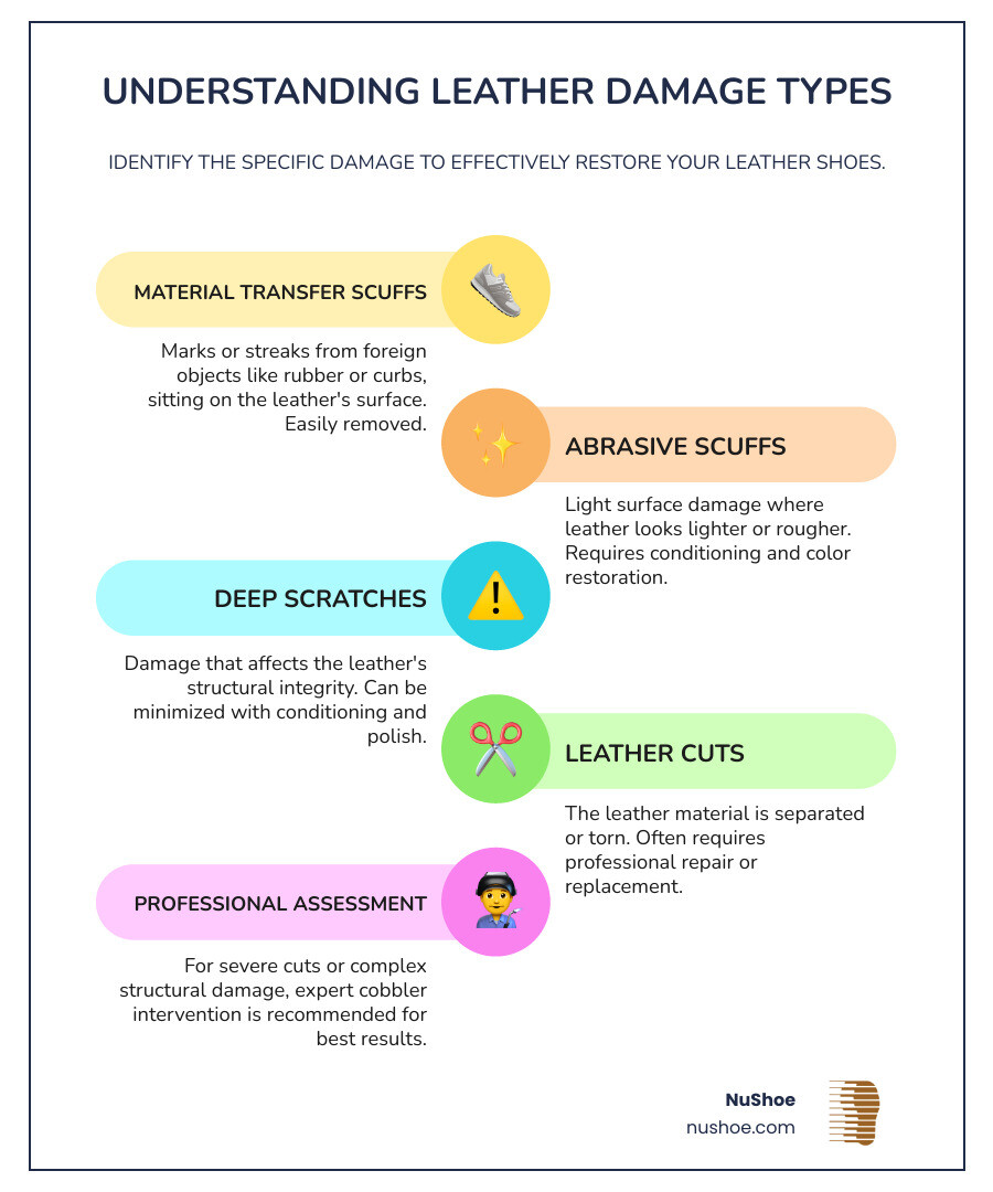 Infographic showing the difference between material transfer scuffs (foreign material on surface), abrasive scuffs (damage to leather grain with lighter color), scratches (deeper marks affecting leather structure), and cuts (separation of leather), with recommended treatment methods for each type - how to get rid of scuffs on leather shoes infographic infographic-line-5-steps-colors Infographic showing the difference between material transfer scuffs (foreign material on surface), abrasive scuffs (damage to leather grain with lighter color), scratches (deeper marks affecting leather structure), and cuts (separation of leather), with recommended treatment methods for each type - how to get rid of scuffs on leather shoes infographic infographic-line-5-steps-colors