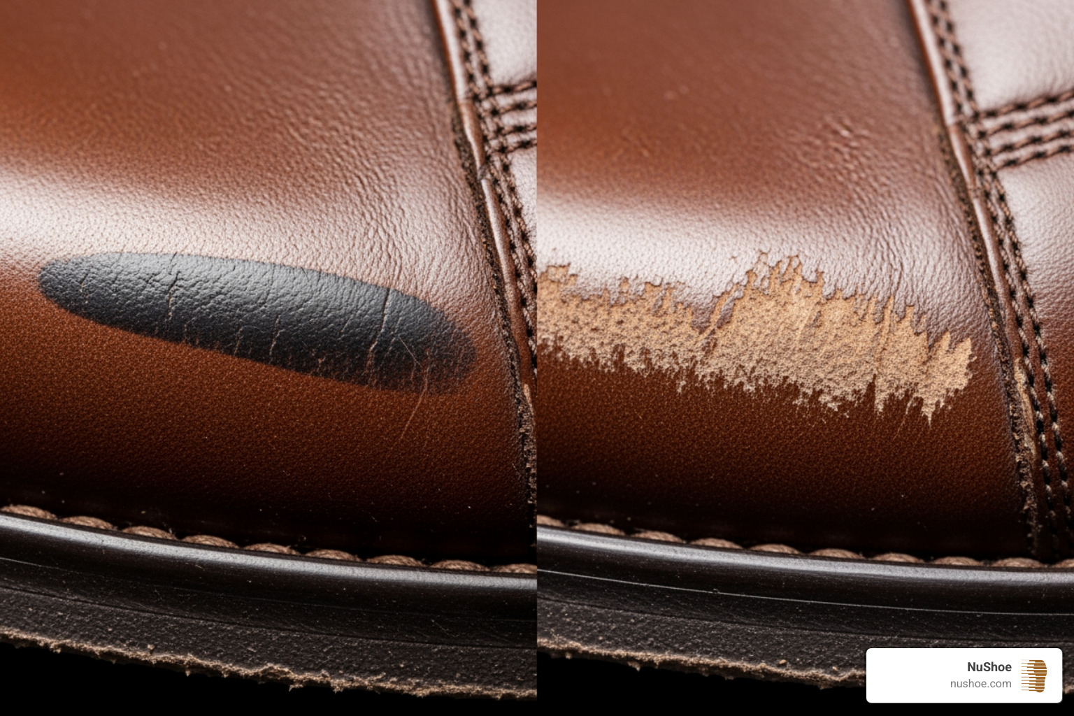 A side-by-side comparison showing a material transfer scuff (a black rubber streak on a brown leather shoe) and an abrasive scuff (the leather surface rubbed away to reveal a lighter, fuzzy texture) - how to get rid of scuffs on leather shoes A side-by-side comparison showing a material transfer scuff (a black rubber streak on a brown leather shoe) and an abrasive scuff (the leather surface rubbed away to reveal a lighter, fuzzy texture) - how to get rid of scuffs on leather shoes