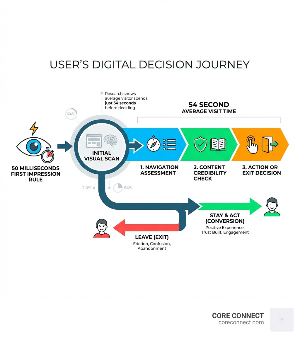 Infographic showing the 50 millisecond first impression rule and 54 second average visit time, with visual breakdown of user decision-making process including initial visual scan, navigation assessment, content credibility check, and action or exit decision - User friendly website design infographic