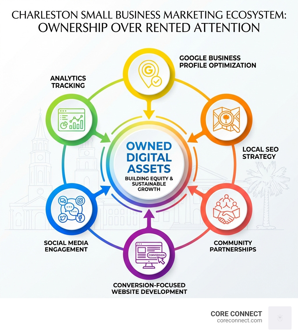 Infographic showing Charleston small business marketing ecosystem including Google Business Profile optimization, local SEO strategy, community partnerships, conversion-focused website development, social media engagement, and analytics tracking—all centered around building owned digital assets rather than rented attention - Charleston small business marketing infographic 