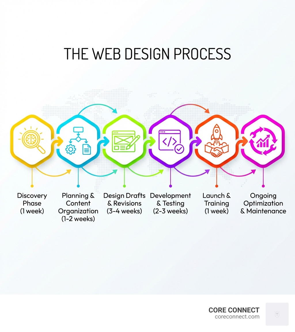 Infographic showing the web design process: Discovery phase (1 week) → Planning and content organization (1-2 weeks) → Design drafts and revisions (3-4 weeks) → Development and testing (2-3 weeks) → Launch and training (1 week) → Ongoing optimization and maintenance - web design charleston infographic 