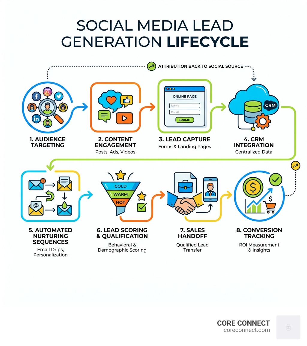Infographic showing the social media lead generation lifecycle: audience targeting, content engagement, lead capture through forms or landing pages, CRM integration, automated nurturing sequences, lead scoring and qualification, sales handoff, and conversion tracking with attribution back to social source - social media lead generation infographic 