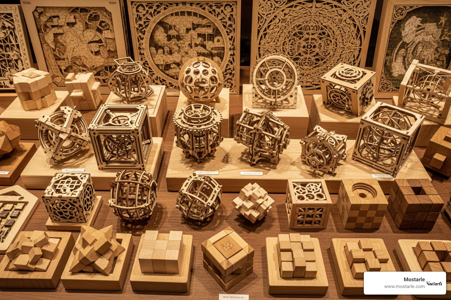 A display of various wooden puzzles including 3D mechanical models, intricate jigsaw pieces, and complex packing problem puzzles - wood puzzle A display of various wooden puzzles including 3D mechanical models, intricate jigsaw pieces, and complex packing problem puzzles - wood puzzle