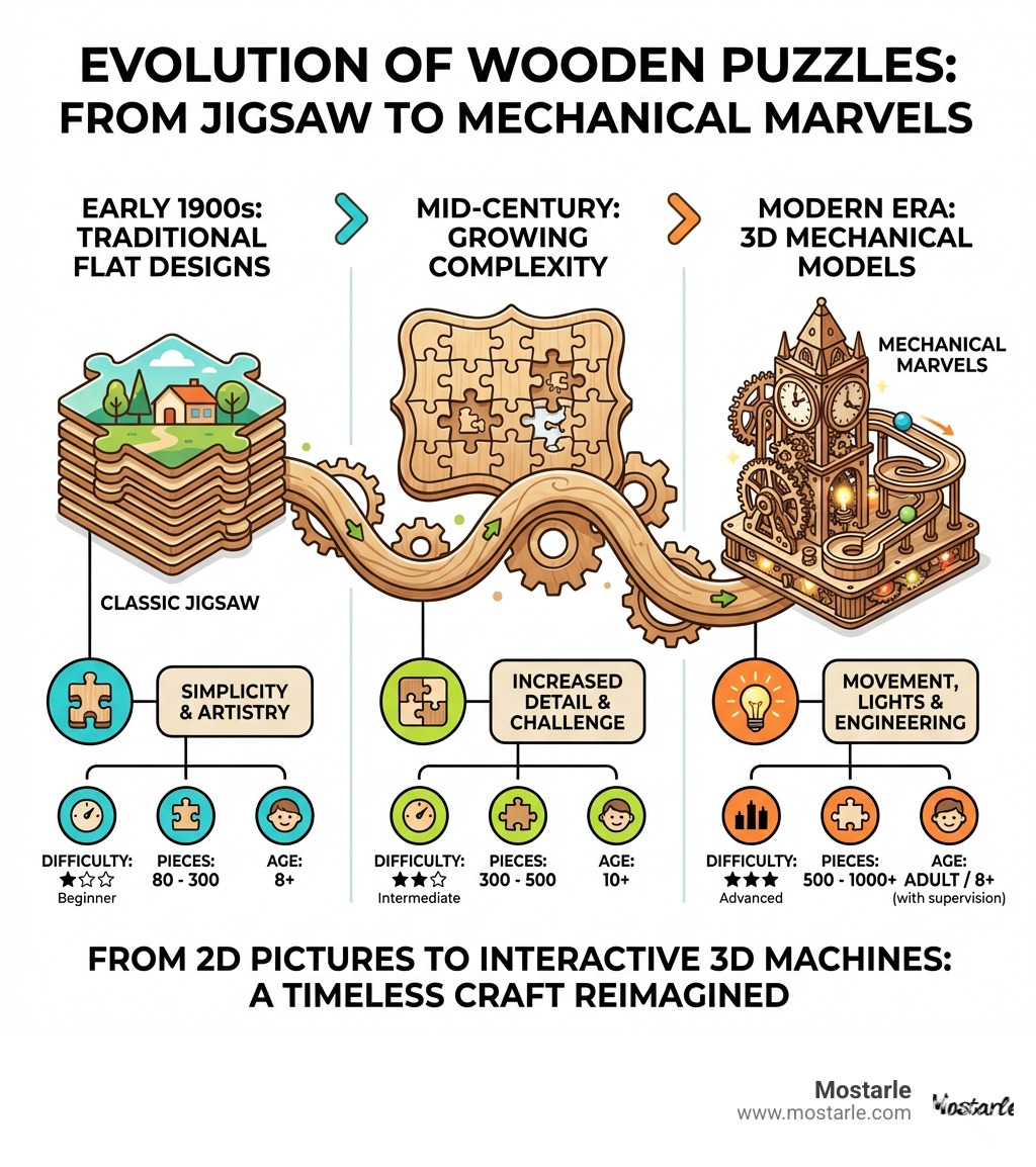 Infographic showing the evolution of wooden puzzles from traditional flat jigsaw designs in the early 1900s to modern 3D mechanical models with LED lights and moving gears, including difficulty levels, piece counts ranging from 80 to 1000+, and age recommendations from 8+ to adult - wood puzzle infographic Infographic showing the evolution of wooden puzzles from traditional flat jigsaw designs in the early 1900s to modern 3D mechanical models with LED lights and moving gears, including difficulty levels, piece counts ranging from 80 to 1000+, and age recommendations from 8+ to adult - wood puzzle infographic