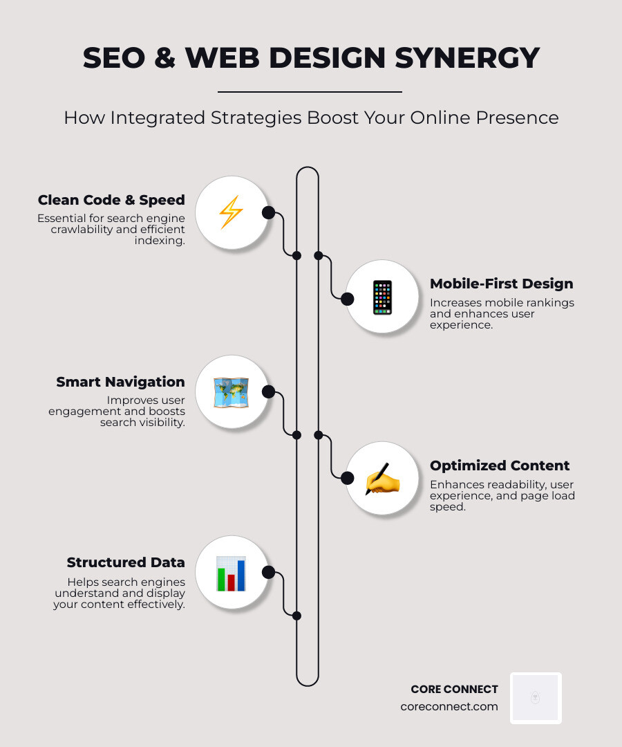 infographic showing how SEO and website design work together: clean code and fast loading improve crawlability and indexing, mobile-friendly responsive design increases mobile rankings, clear navigation and internal linking boost user engagement and search visibility, optimized images and readable content enhance both user experience and page speed, structured data and metadata help search engines understand and display your content - SEO and website design infographic infographic-line-5-steps-elegant_beige infographic showing how SEO and website design work together: clean code and fast loading=