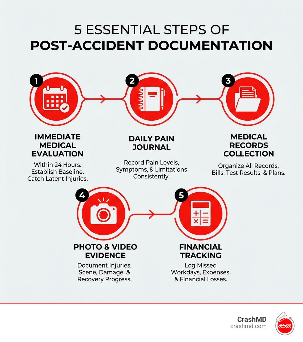 Infographic showing the 5 essential steps of post-accident documentation: 1) Immediate medical evaluation with calendar icon, 2) Daily pain journal with notebook icon, 3) Medical records collection with folder icon, 4) Photo and video evidence with camera icon, 5) Financial tracking with calculator icon - car accident injury documentation infographic Infographic showing the 5 essential steps of post-accident documentation: 1) Immediate medical evaluation with calendar icon, 2) Daily pain journal with notebook icon, 3) Medical records collection with folder icon, 4) Photo and video evidence with camera icon, 5) Financial tracking with calculator icon - car accident injury documentation infographic