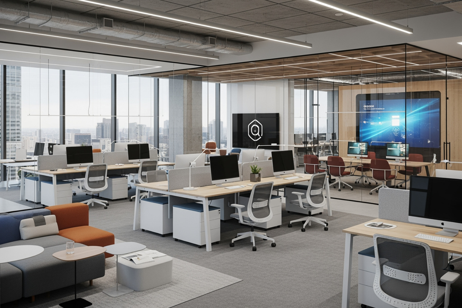 A sleek, modern tech office environment representing the world of venture capital and innovation - michael polansky