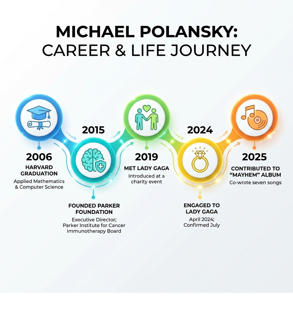 Infographic showing Michael Polansky's career timeline from Harvard graduation in 2006 through founding the Parker Foundation in 2015, meeting Lady Gaga in 2019, their engagement in 2024, and his contributions to her Mayhem album in 2025 - michael polansky infographic 