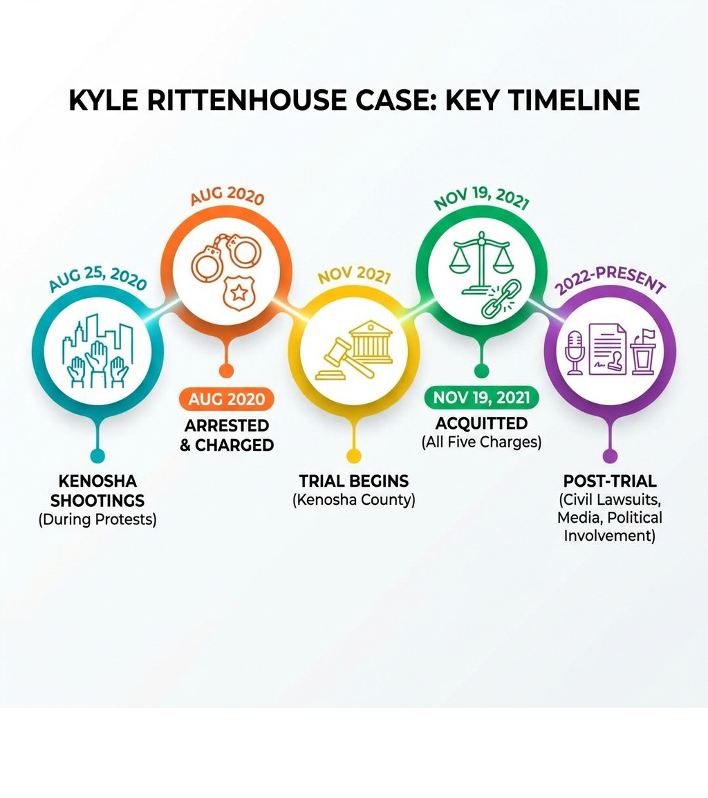 Timeline showing: August 25, 2020 - Kenosha shootings during Jacob Blake protests; August 2020 - Rittenhouse arrested and charged; November 2021 - Trial begins in Kenosha County; November 19, 2021 - Acquitted of all five charges; 2022-present - Civil lawsuits filed, media appearances, political involvement - kyle rittenhouse infographic Timeline showing: August 25, 2020 - Kenosha shootings during Jacob Blake protests; August 2020 - Rittenhouse arrested and charged; November 2021 - Trial begins in Kenosha County; November 19, 2021 - Acquitted of all five charges; 2022-present - Civil lawsuits filed, media appearances, political involvement - kyle rittenhouse infographic