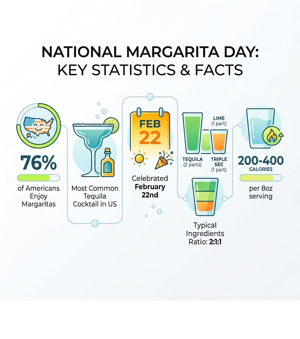 infographic showing National Margarita Day statistics: 76% of Americans enjoy margaritas, most common tequila cocktail in US, celebrated February 22nd, typical ingredients ratio 2:1:1 tequila to lime to triple sec, 200-400 calories per 8oz serving - national margarita day infographic infographic showing National Margarita Day statistics: 76% of Americans enjoy margaritas, most common tequila cocktail in US, celebrated February 22nd, typical ingredients ratio 2:1:1 tequila to lime to triple sec, 200-400 calories per 8oz serving - national margarita day infographic