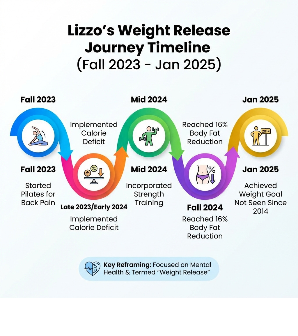 Lizzo's weight release journey timeline showing key milestones from fall 2023 to January 2025, including starting Pilates for back pain, implementing calorie deficit, incorporating strength training, reaching 16% body fat reduction, and achieving weight goal not seen since 2014 - lizzo weight loss infographic Lizzo's weight release journey timeline showing key milestones from fall 2023 to January 2025, including starting Pilates for back pain, implementing calorie deficit, incorporating strength training, reaching 16% body fat reduction, and achieving weight goal not seen since 2014 - lizzo weight loss infographic