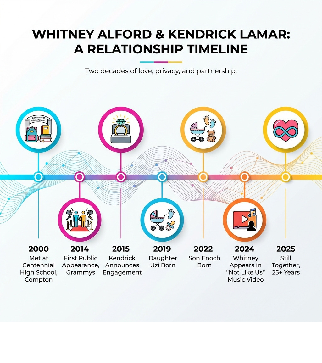 Infographic showing Whitney Alford and Kendrick Lamar's relationship timeline: 2000 - Met at Centennial High School in Compton; 2014 - First public appearance at the Grammys; 2015 - Kendrick announces engagement; 2019 - Daughter Uzi born; 2022 - Son Enoch born; 2024 - Whitney appears in 