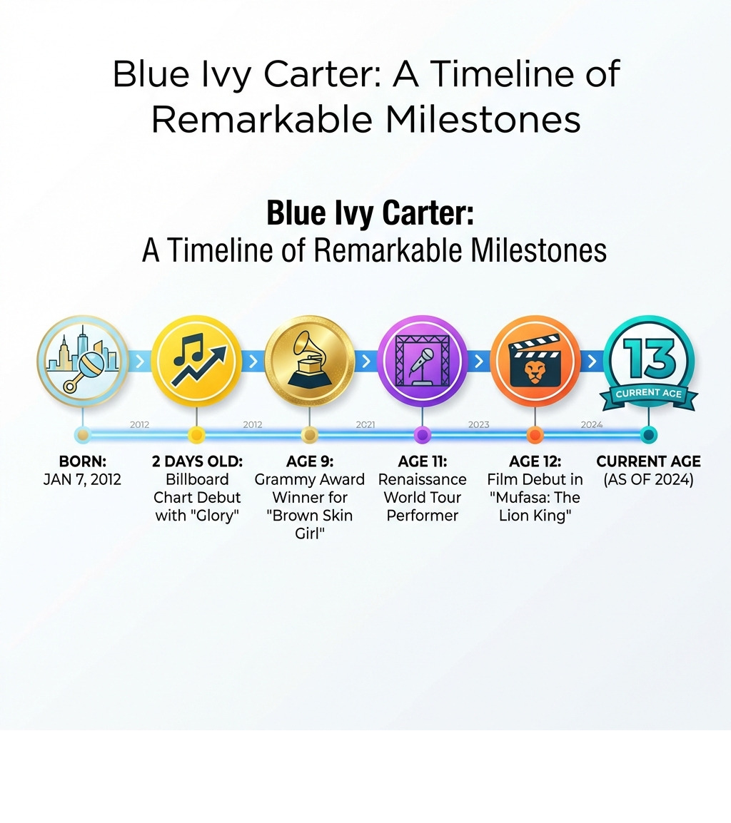 Infographic showing Blue Ivy Carter's age milestones: Born January 7, 2012 in NYC; Charted on Billboard at 2 days old with 
