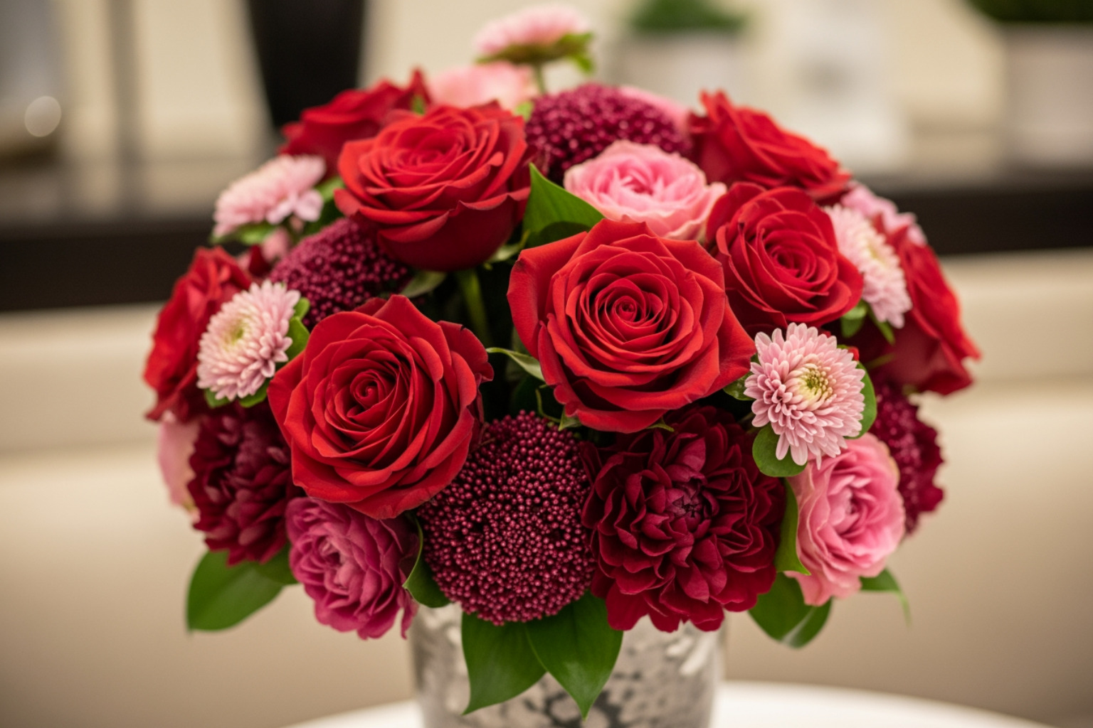 A luxury floral arrangement featuring deep red roses and pink accents - valentine's day gifts A luxury floral arrangement featuring deep red roses and pink accents - valentine's day gifts
