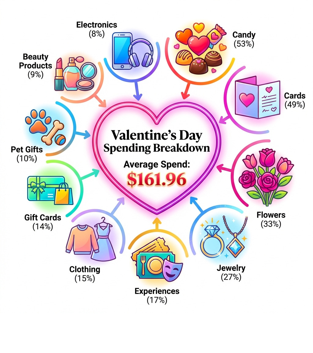 Infographic showing Valentine's Day spending breakdown: Average spend $161.96, with top categories being candy (53%), cards (49%), flowers (33%), jewelry (27%), experiences (17%), clothing (15%), gift cards (14%), pet gifts (10%), beauty products (9%), and electronics (8%) - valentine's day gifts infographic Infographic showing Valentine's Day spending breakdown: Average spend $161.96, with top categories being candy (53%), cards (49%), flowers (33%), jewelry (27%), experiences (17%), clothing (15%), gift cards (14%), pet gifts (10%), beauty products (9%), and electronics (8%) - valentine's day gifts infographic