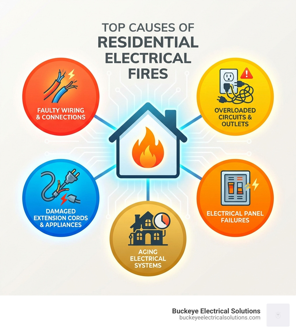 Infographic showing the top causes of residential electrical fires: faulty wiring and connections, overloaded circuits and outlets, electrical panel failures, damaged extension cords and appliances, and aging electrical systems - emergency electrician near me infographic