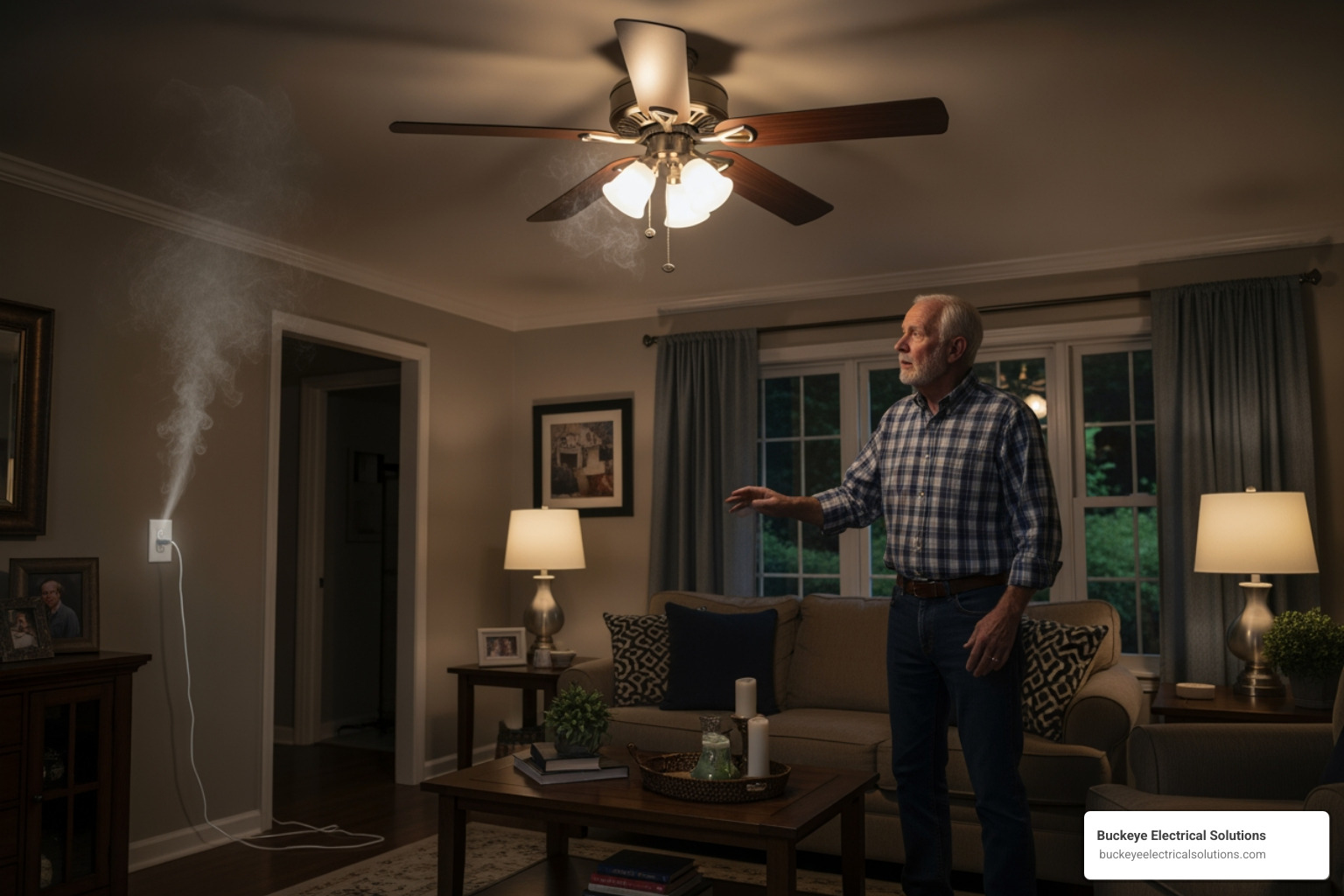 photorealistic residential living room at night with a ceiling fan; clearly visible fan blades; homeowner noticing flickering lights and a faint wisp of smoke near an outlet - emergency electrician near me