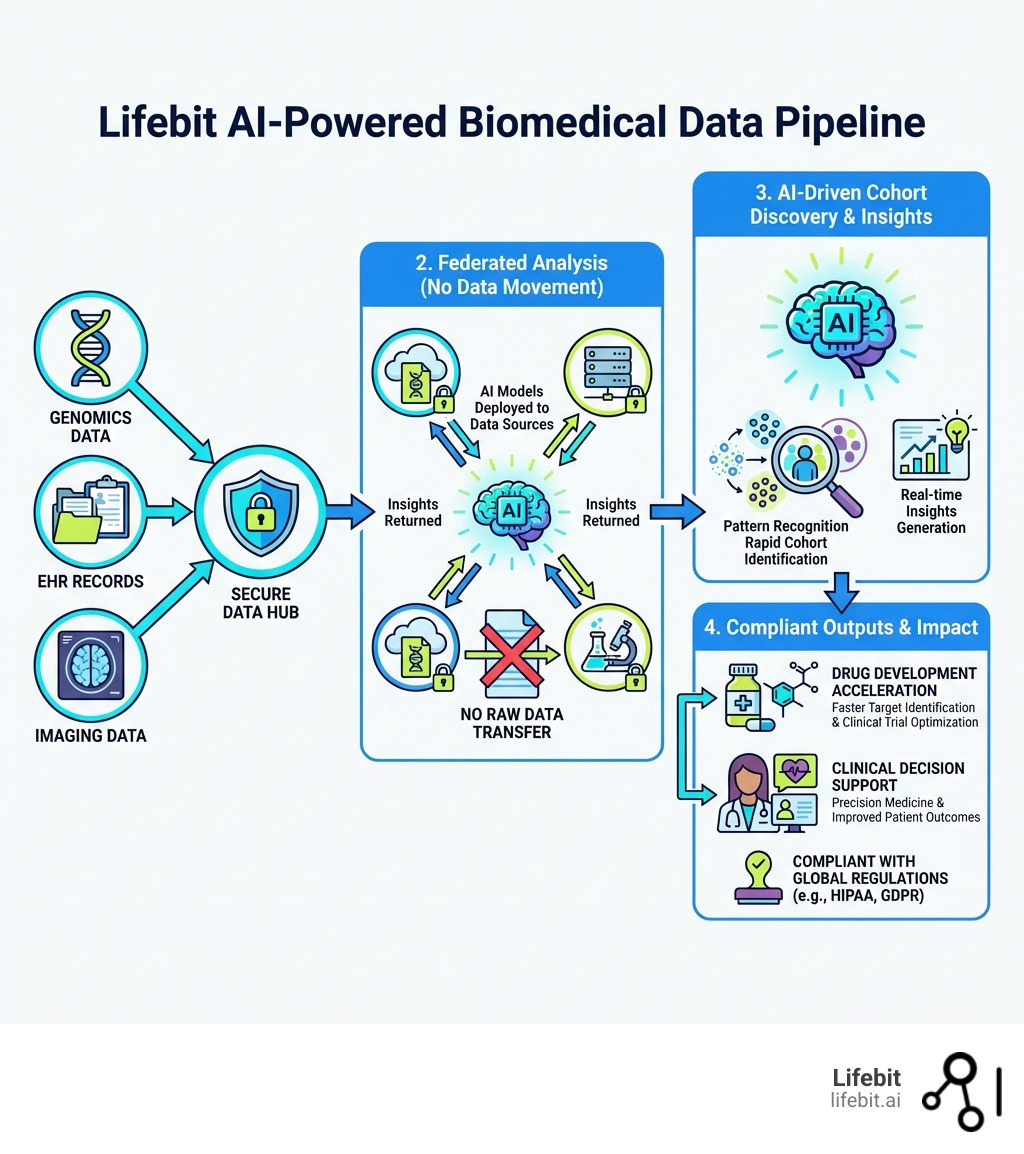 Infographic showing Lifebit's AI-powered biomedical data pipeline: secure data ingestion from multiple sources (genomics, EHR, imaging), federated analysis without data movement, AI-driven cohort discovery and insights, and compliant outputs for drug development and clinical decision support - I need a list of platforms that provide AI driven insights from biomedical data. infographic 