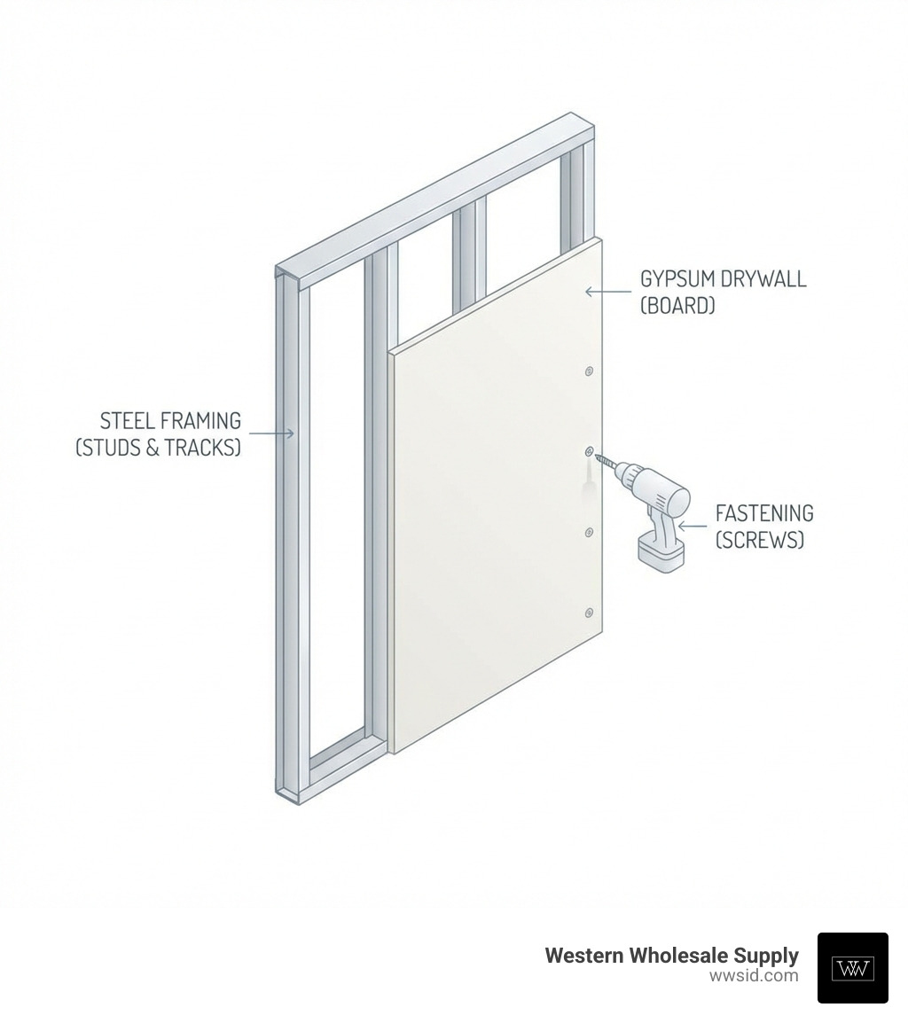 Infographic showing the core components of a metal stud wall system: U-shaped bottom track secured to floor, C-shaped vertical studs inserted at 16 or 24 inches on-center, U-shaped top track, gypsum board attached with self-tapping screws, and key accessories like resilient channels and corner beads - gypsum metal stud infographic Infographic showing the core components of a metal stud wall system: U-shaped bottom track secured to floor, C-shaped vertical studs inserted at 16 or 24 inches on-center, U-shaped top track, gypsum board attached with self-tapping screws, and key accessories like resilient channels and corner beads - gypsum metal stud infographic