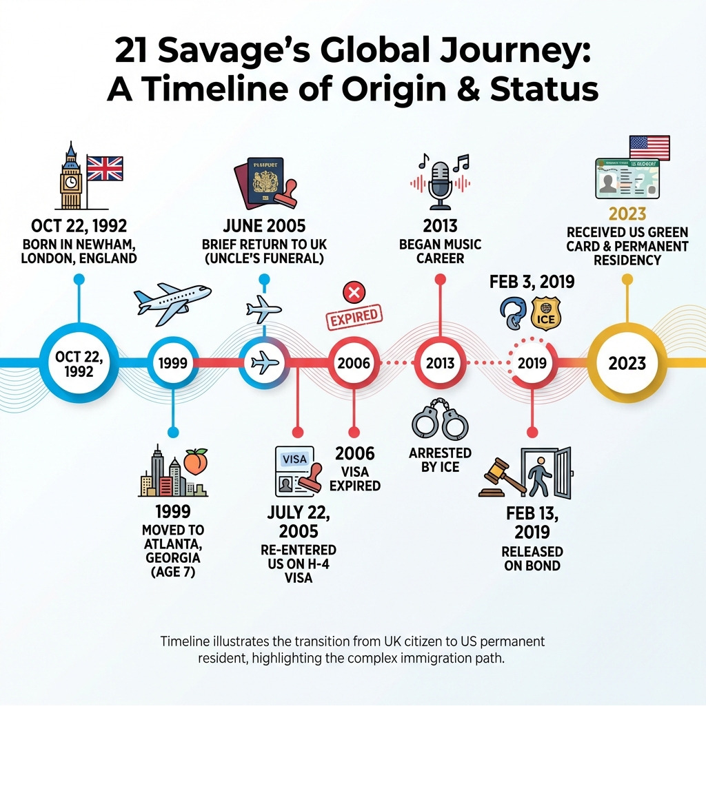 Infographic showing 21 Savage's life timeline: Born in Newham, London, England (October 22, 1992); Moved to Atlanta, Georgia at age 7 (1999); Returned to UK briefly for uncle's funeral (June 2005); Re-entered US on H-4 visa (July 22, 2005); Visa expired (2006); Began music career (2013); Arrested by ICE (February 3, 2019); Released on bond (February 13, 2019); Received US green card and permanent residency status (2023) - where is 21 savage from infographic Infographic showing 21 Savage's life timeline: Born in Newham, London, England (October 22, 1992); Moved to Atlanta, Georgia at age 7 (1999); Returned to UK briefly for uncle's funeral (June 2005); Re-entered US on H-4 visa (July 22, 2005); Visa expired (2006); Began music career (2013); Arrested by ICE (February 3, 2019); Released on bond (February 13, 2019); Received US green card and permanent residency status (2023) - where is 21 savage from infographic