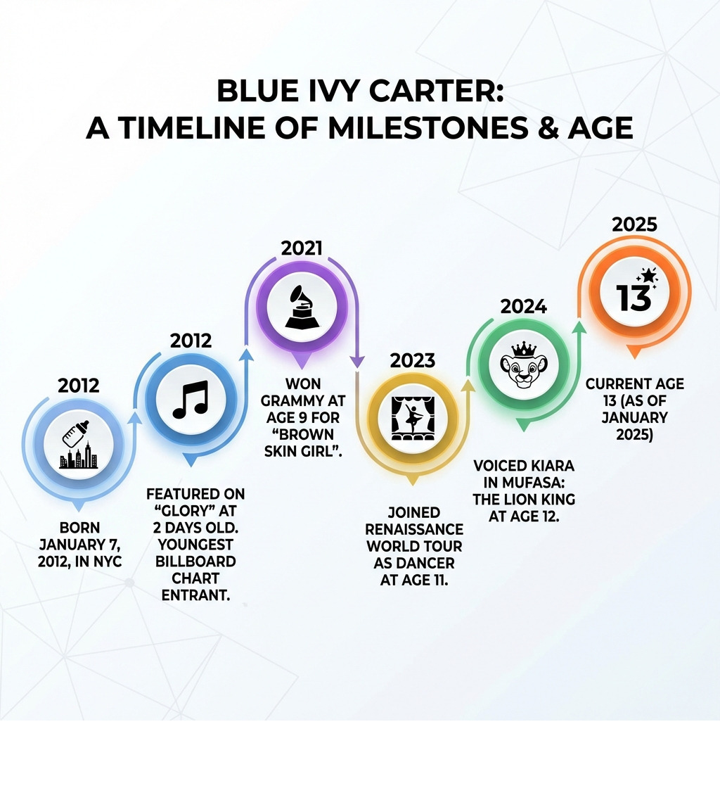 Infographic showing Blue Ivy Carter's timeline from birth in 2012 to present, including major milestones: born January 7, 2012 in NYC; featured on 