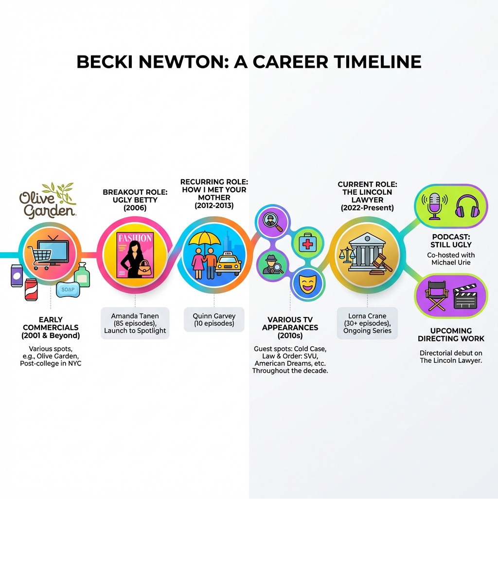 Infographic showing Becki Newton's career timeline from 2001 to present, including her early commercial work, breakout role in Ugly Betty in 2006, recurring role in How I Met Your Mother in 2012-2013, various TV appearances through the 2010s, and current role in The Lincoln Lawyer starting 2022, plus her podcast Still Ugly and upcoming directing work - becki newton infographic Infographic showing Becki Newton's career timeline from 2001 to present, including her early commercial work, breakout role in Ugly Betty in 2006, recurring role in How I Met Your Mother in 2012-2013, various TV appearances through the 2010s, and current role in The Lincoln Lawyer starting 2022, plus her podcast Still Ugly and upcoming directing work - becki newton infographic