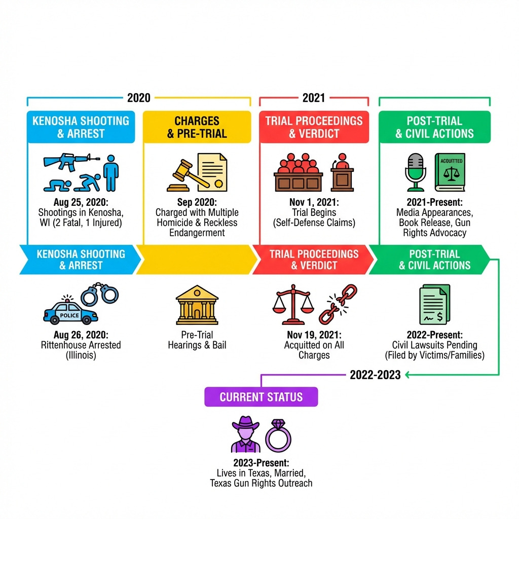 Infographic showing the Kyle Rittenhouse case timeline from August 25, 2020 shooting in Kenosha through November 2021 acquittal, including key events like his arrest, charges filed, trial proceedings, and post-trial activities including civil lawsuits and media appearances - kyle rittenhouse infographic Infographic showing the Kyle Rittenhouse case timeline from August 25, 2020 shooting in Kenosha through November 2021 acquittal, including key events like his arrest, charges filed, trial proceedings, and post-trial activities including civil lawsuits and media appearances - kyle rittenhouse infographic