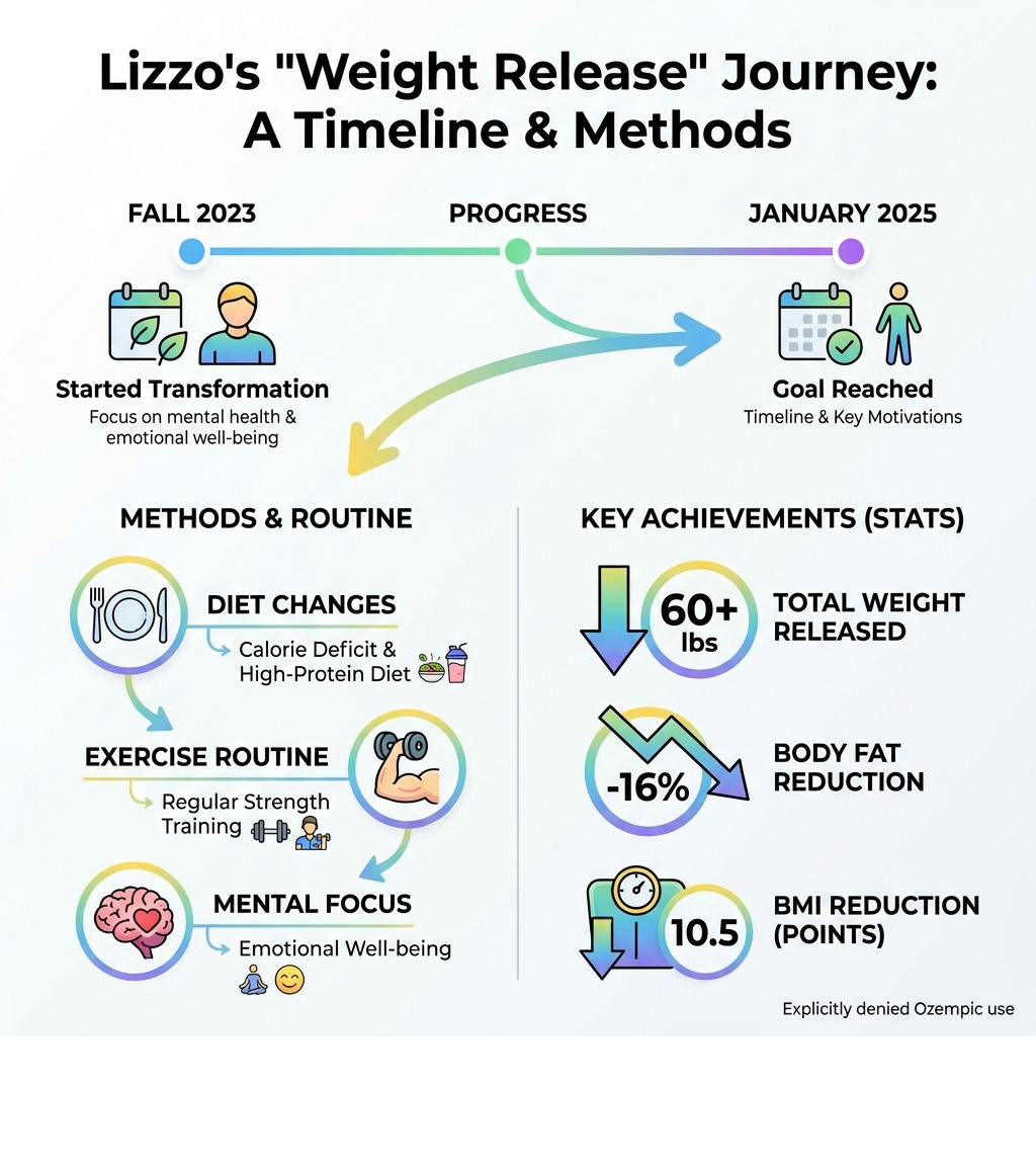 Lizzo's weight release timeline and methods infographic showing her journey from fall 2023 to January 2025, including diet changes, exercise routine, body fat percentage loss, BMI reduction, and key motivations - lizzo weight loss infographic Lizzo's weight release timeline and methods infographic showing her journey from fall 2023 to January 2025, including diet changes, exercise routine, body fat percentage loss, BMI reduction, and key motivations - lizzo weight loss infographic