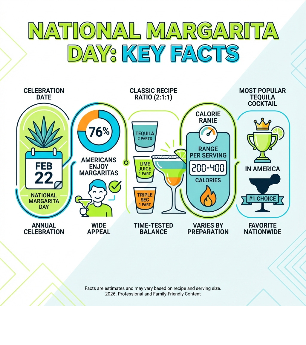 infographic showing National Margarita Day key facts: February 22nd celebration date, 76% of Americans enjoy margaritas, classic recipe ratio of 2:1:1 for tequila to lime to triple sec, 200-400 calorie range per serving, and most popular tequila cocktail in America - national margarita day infographic infographic showing National Margarita Day key facts: February 22nd celebration date, 76% of Americans enjoy margaritas, classic recipe ratio of 2:1:1 for tequila to lime to triple sec, 200-400 calorie range per serving, and most popular tequila cocktail in America - national margarita day infographic