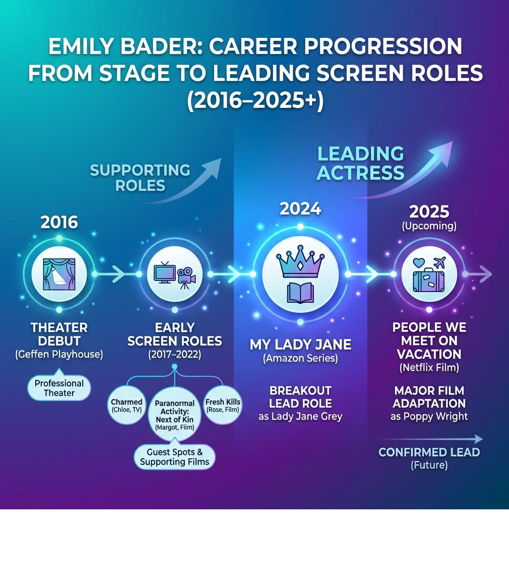 Emily Bader career timeline from 2016 theater debut through My Lady Jane to upcoming People We Meet on Vacation showing progression from supporting roles to leading actress - emily bader infographic 