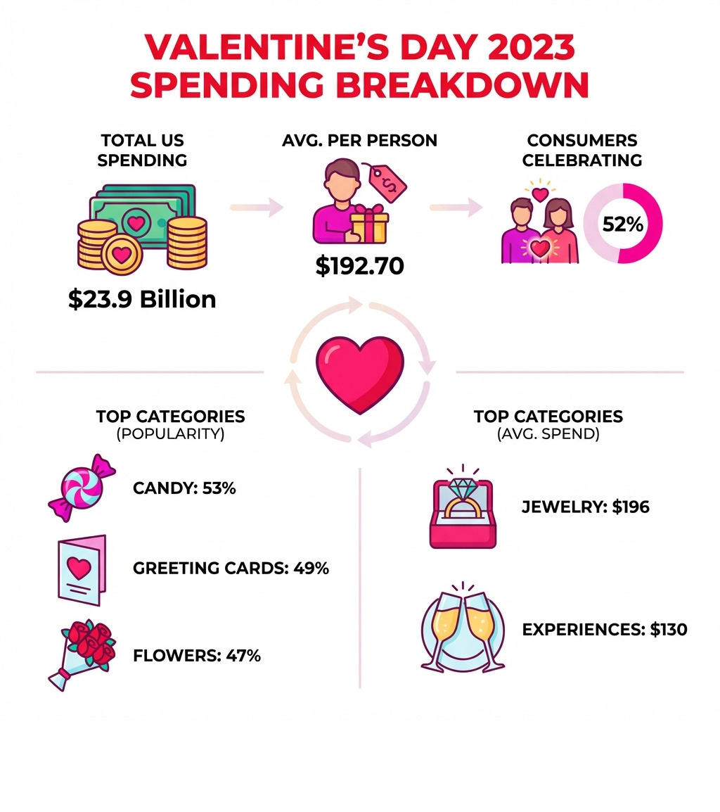 Infographic showing Valentine's Day spending breakdown: $23.9 billion total US spending in 2023, $192.70 average per person, 52% of consumers celebrating, with top categories being candy at 53%, greeting cards at 49%, flowers at 47%, jewelry averaging $196, and experiences averaging $130 - valentine's day gifts infographic 