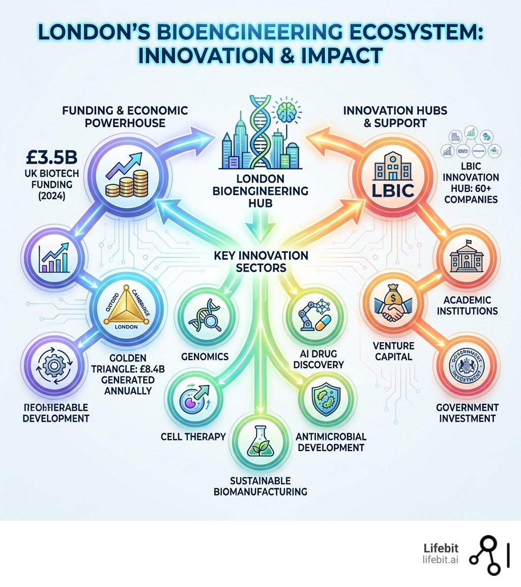 Infographic showing London's bioengineering ecosystem: 60+ companies at LBIC innovation hub, £3.5B UK biotech funding in 2024, golden triangle generating £8.4B annually, key sectors including genomics, cell therapy, AI drug discovery, sustainable biomanufacturing, and antimicrobial development, supported by academic institutions, venture capital, and government investment - bioengineering companies london infographic 