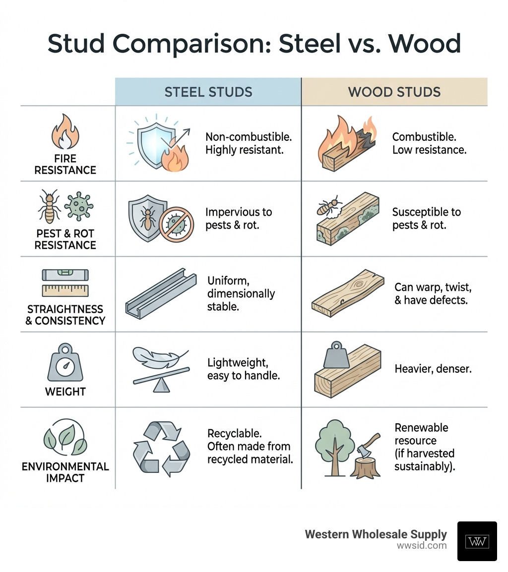 Steel studs vs. wood studs comparison table infographic showing fire resistance, pest and rot resistance, straightness and consistency, weight, and environmental impact - gypsum metal stud infographic Steel studs vs. wood studs comparison table infographic showing fire resistance, pest and rot resistance, straightness and consistency, weight, and environmental impact - gypsum metal stud infographic