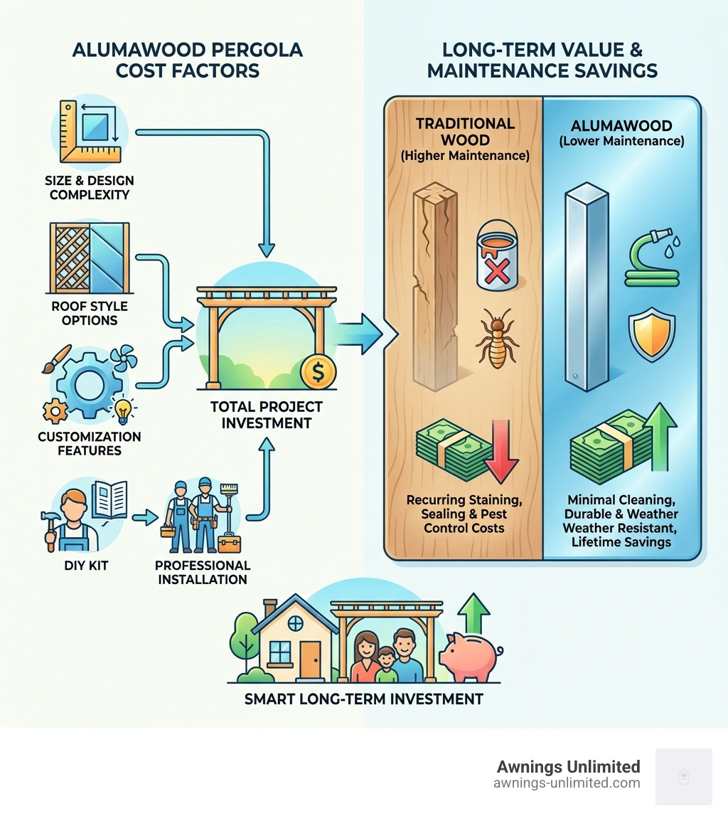 Infographic showing Alumawood pergola cost factors including size, roof style, customization options, installation method, and long-term maintenance savings compared to traditional wood - Alumawood pergola cost infographic Infographic showing Alumawood pergola cost factors including size, roof style, customization options, installation method, and long-term maintenance savings compared to traditional wood - Alumawood pergola cost infographic