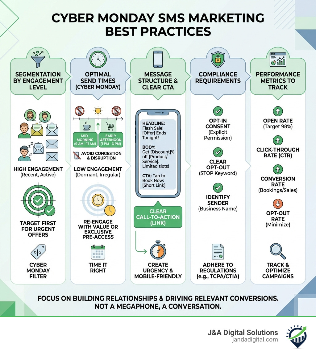infographic showing SMS marketing best practices: segmentation by engagement level, optimal send times throughout the day, message structure with clear CTA, compliance requirements, and performance metrics to track - cyber monday text marketing strategy infographic 
