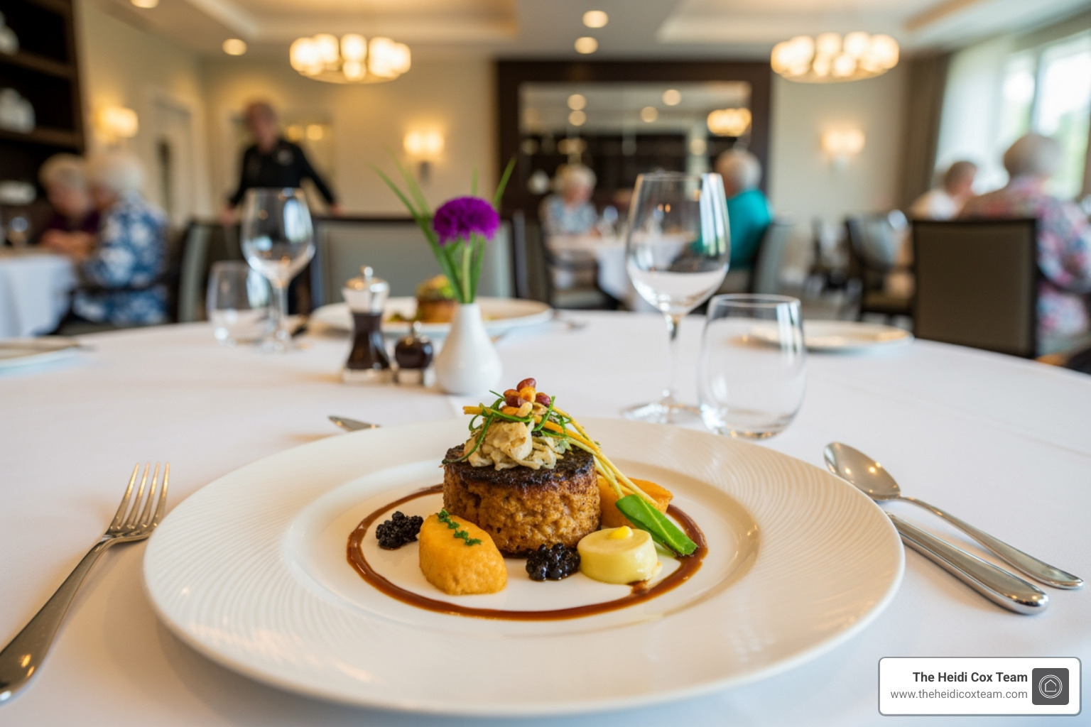 A chef-prepared meal in a luxury Denver senior living community dining room - Denver senior living