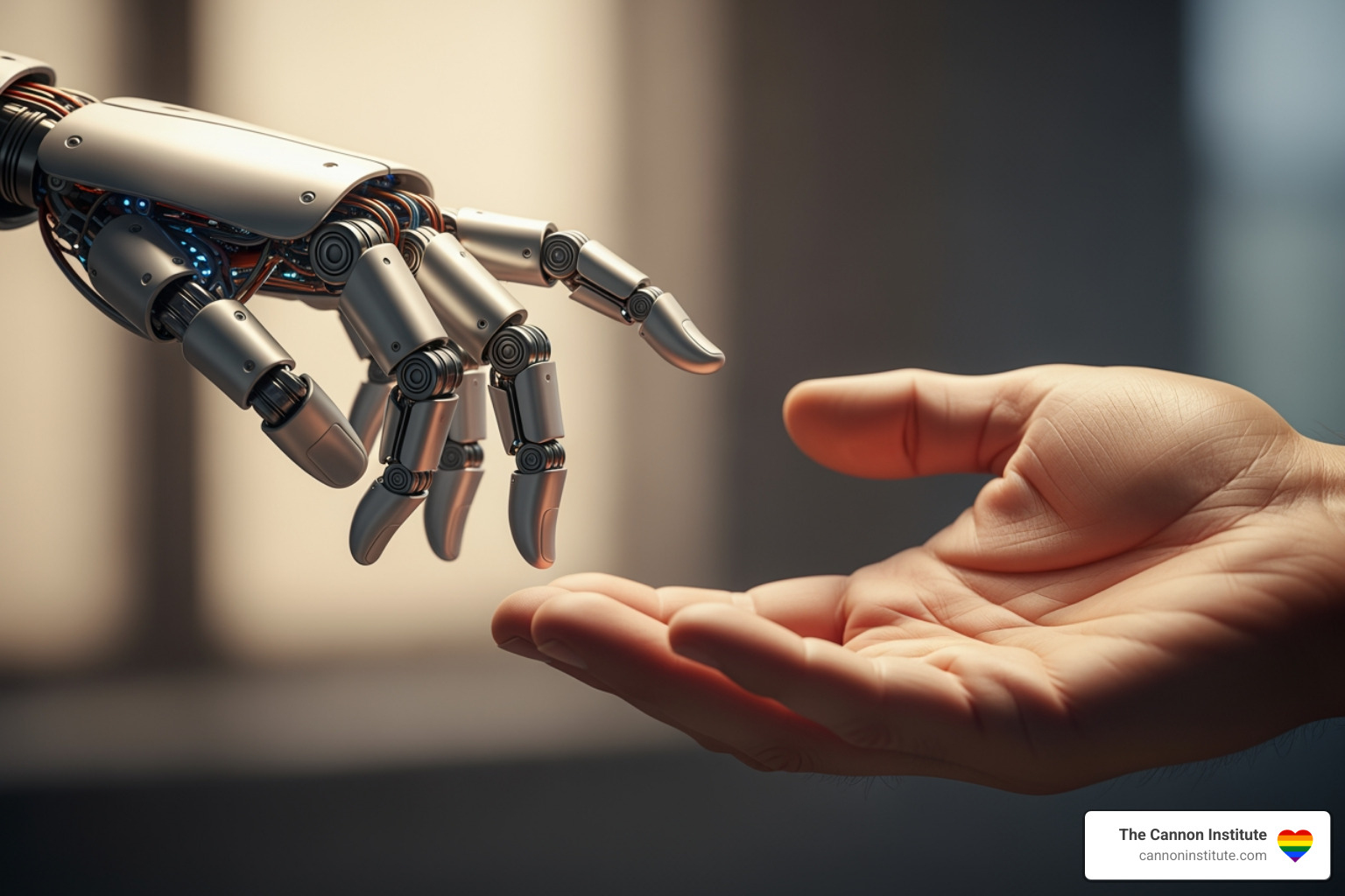 robot hand reaching toward a human hand - The Danger of AI Therapists: