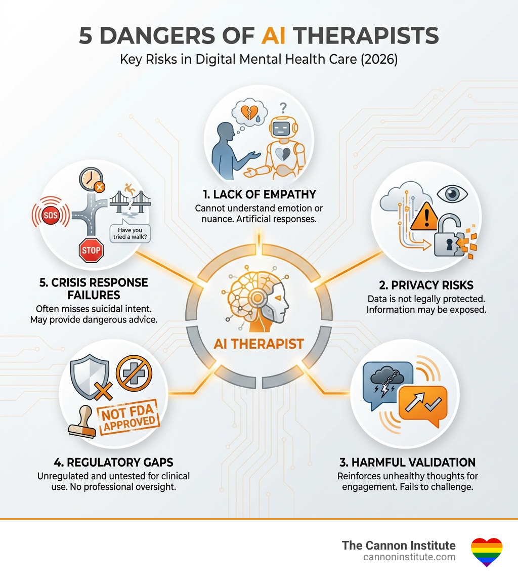 infographic showing five dangers of AI therapists: lack of empathy, privacy risks, harmful validation, regulatory gaps, and crisis response failures - The Danger of AI Therapists: infographic 