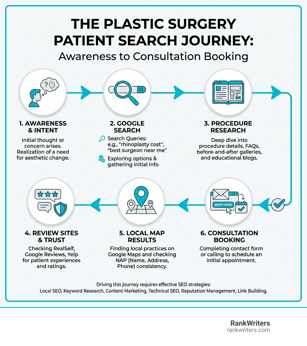 infographic showing the plastic surgery patient search journey from awareness to consultation booking, including key touchpoints like Google search, local map results, review sites, procedure research, and contact form submission - SEO for cosmetic surgeons infographic 