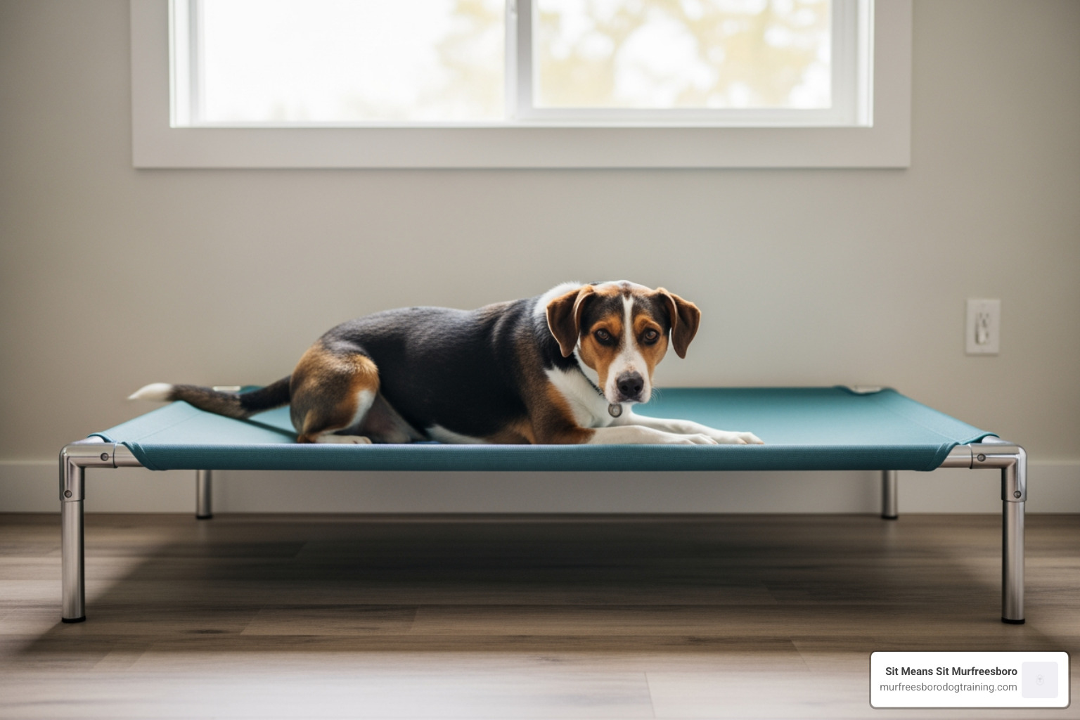 dog calmly performing a place command on a raised cot - canine aggression training