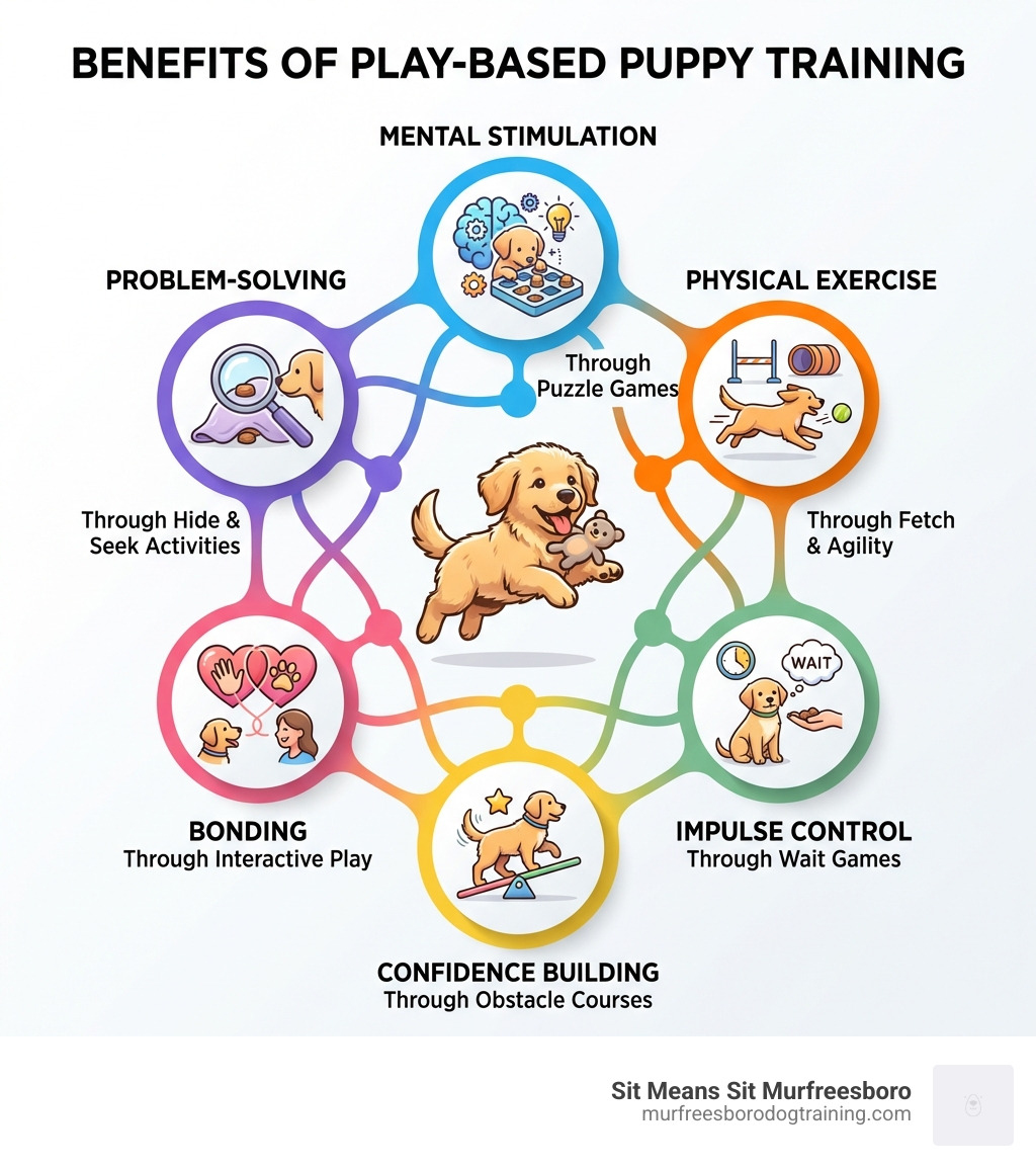 infographic showing benefits of play-based training including mental stimulation through puzzle games, physical exercise through fetch and agility, impulse control through wait games, confidence building through obstacle courses, bonding through interactive play, and problem-solving through hide and seek activities - fun puppy training infographic infographic showing benefits of play-based training including mental stimulation through puzzle games, physical exercise through fetch and agility, impulse control through wait games, confidence building through obstacle courses, bonding through interactive play, and problem-solving through hide and seek activities - fun puppy training infographic