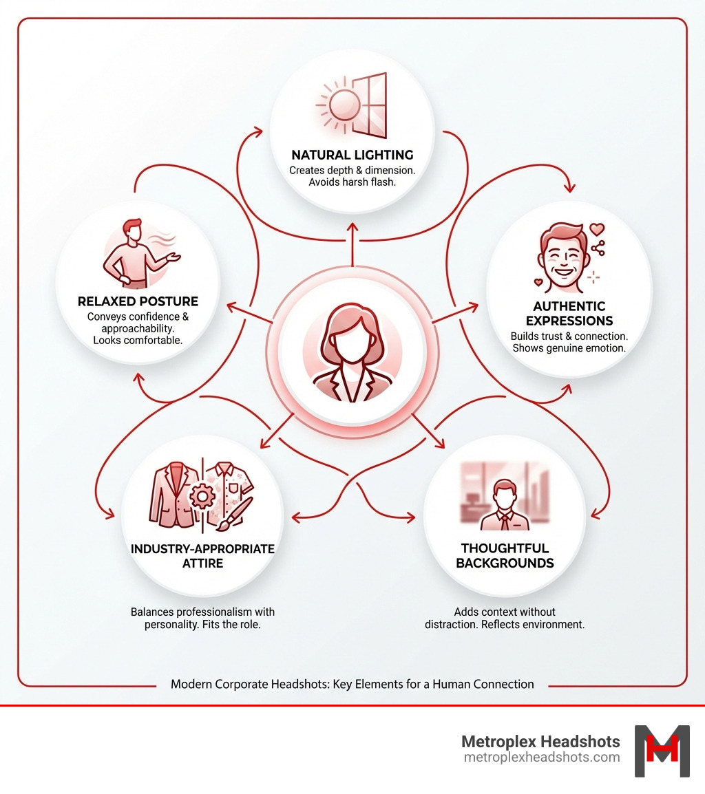 infographic showing the key elements of modern corporate headshots: natural lighting creates depth and dimension, authentic expressions build trust and connection, thoughtful backgrounds add context without distraction, industry-appropriate attire balances professionalism with personality, and relaxed posture conveys confidence and approachability - modern corporate headshots infographic 