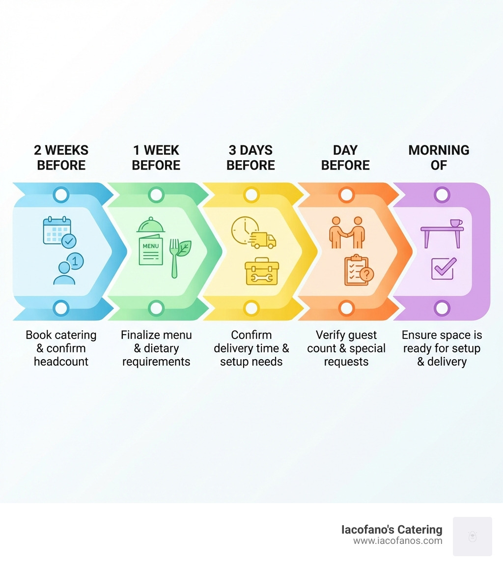 Infographic showing corporate morning tea planning timeline: 2 weeks before - book catering and confirm headcount; 1 week before - finalize menu and dietary requirements; 3 days before - confirm delivery time and setup needs; day before - verify guest count and special requests; morning of - ensure space is ready for setup and delivery - corporate morning tea infographic 