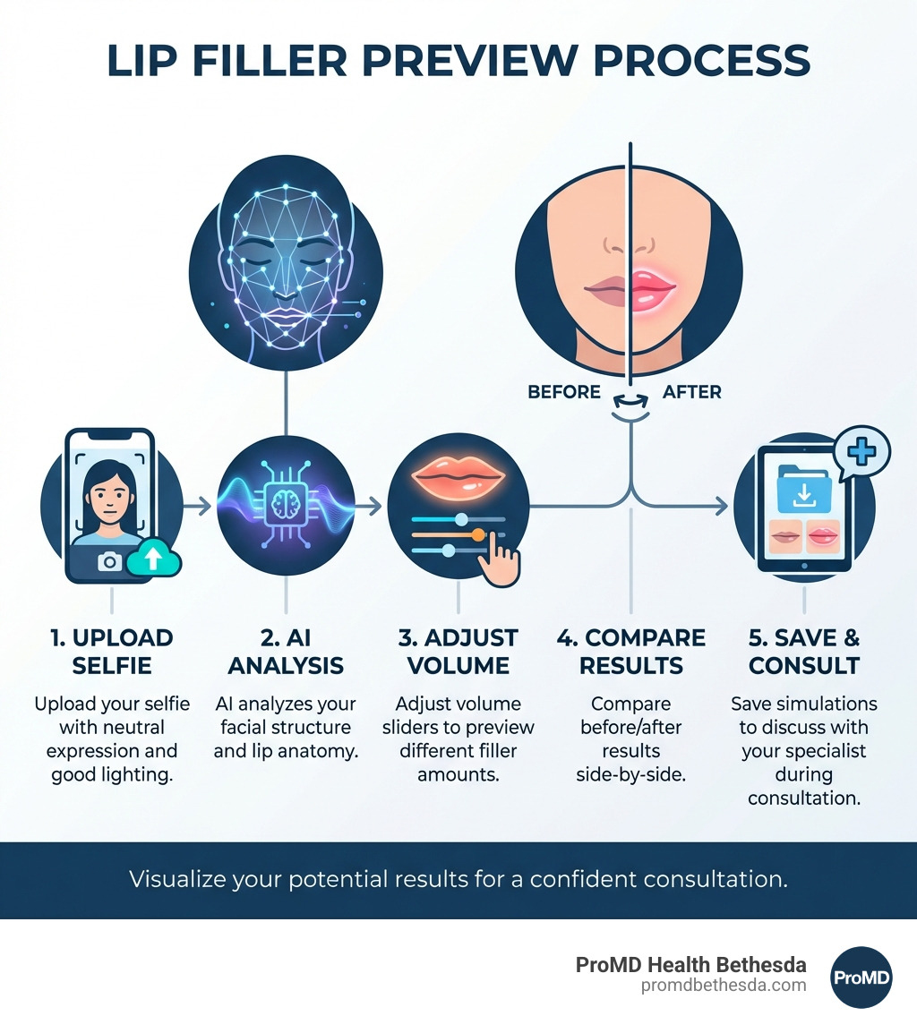 Infographic showing the lip filler preview process: Step 1 - Upload your selfie with neutral expression and good lighting; Step 2 - AI analyzes your facial structure and lip anatomy; Step 3 - Adjust volume sliders to preview different filler amounts; Step 4 - Compare before/after results side-by-side; Step 5 - Save simulations to discuss with your specialist during consultation - Lip filler preview infographic 