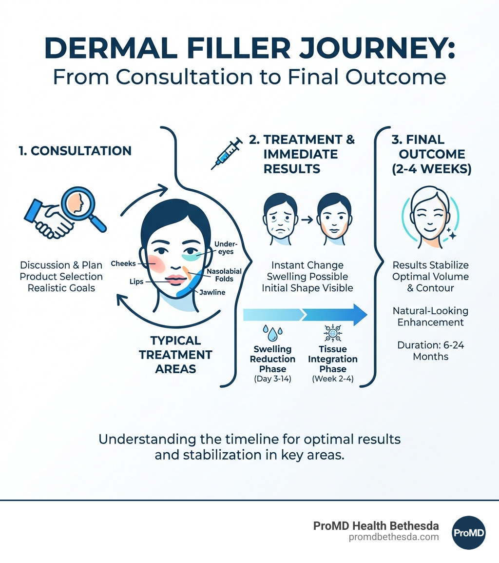 Infographic showing the dermal filler treatment process from consultation through immediate results to final outcome at 2-4 weeks, including typical treatment areas like lips, cheeks, nasolabial folds, jawline, and under-eyes, with timeline markers for swelling reduction and tissue integration phases - dermal fillers before and after infographic 
