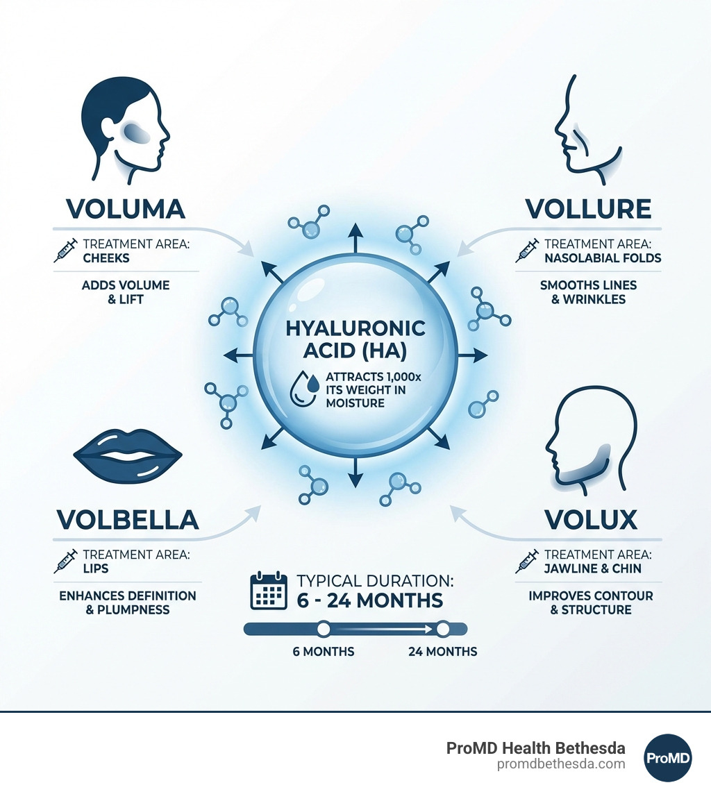 Infographic showing how hyaluronic acid attracts 1,000 times its weight in moisture, with illustrations of Juvederm product types (Voluma, Vollure, Volbella, Volux) and their treatment areas including lips, cheeks, nasolabial folds, and jawline, plus typical duration of 6-24 months - Juvederm bethesda infographic 