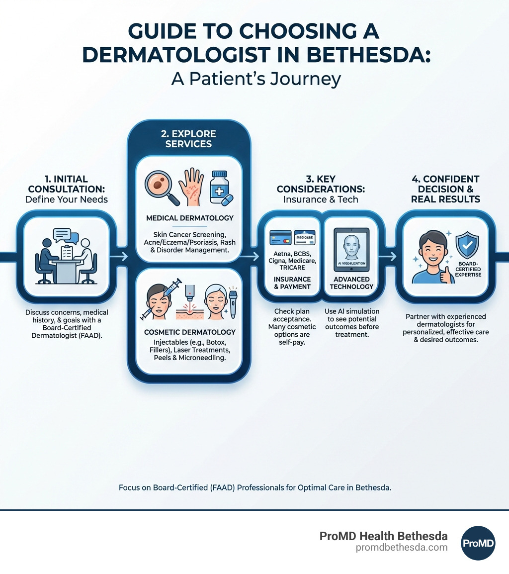 Comprehensive guide to choosing a dermatologist in Bethesda, showing the patient journey from initial consultation through medical and cosmetic services, with insurance considerations and advanced technology options - dermatologist bethesda infographic 