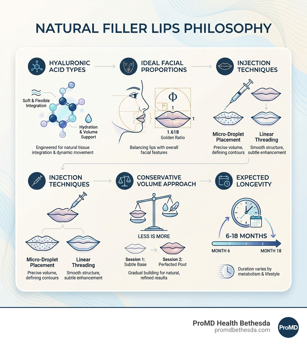 Infographic showing the natural filler lips philosophy: hyaluronic acid types, ideal facial proportions (golden ratio), injection techniques (micro-droplet and linear threading), conservative volume approach, and expected longevity of 6-18 months - natural filler lips infographic Infographic showing the natural filler lips philosophy: hyaluronic acid types, ideal facial proportions (golden ratio), injection techniques (micro-droplet and linear threading), conservative volume approach, and expected longevity of 6-18 months - natural filler lips infographic