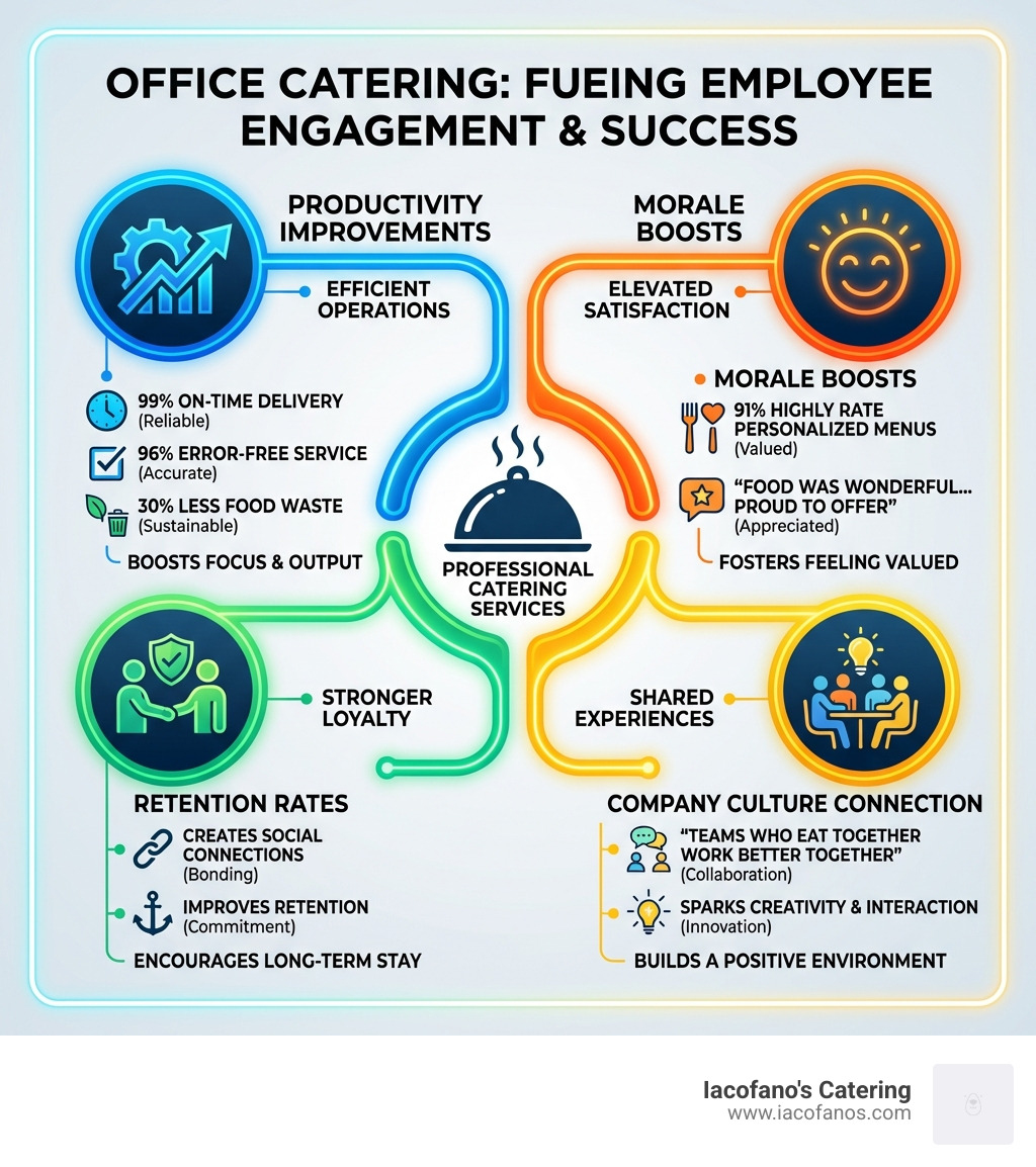 infographic showing the impact of office catering on employee engagement, including statistics on productivity improvements, morale boosts, retention rates, and the connection between workplace dining and company culture - catering for offices infographic infographic showing the impact of office catering on employee engagement, including statistics on productivity improvements, morale boosts, retention rates, and the connection between workplace dining and company culture - catering for offices infographic