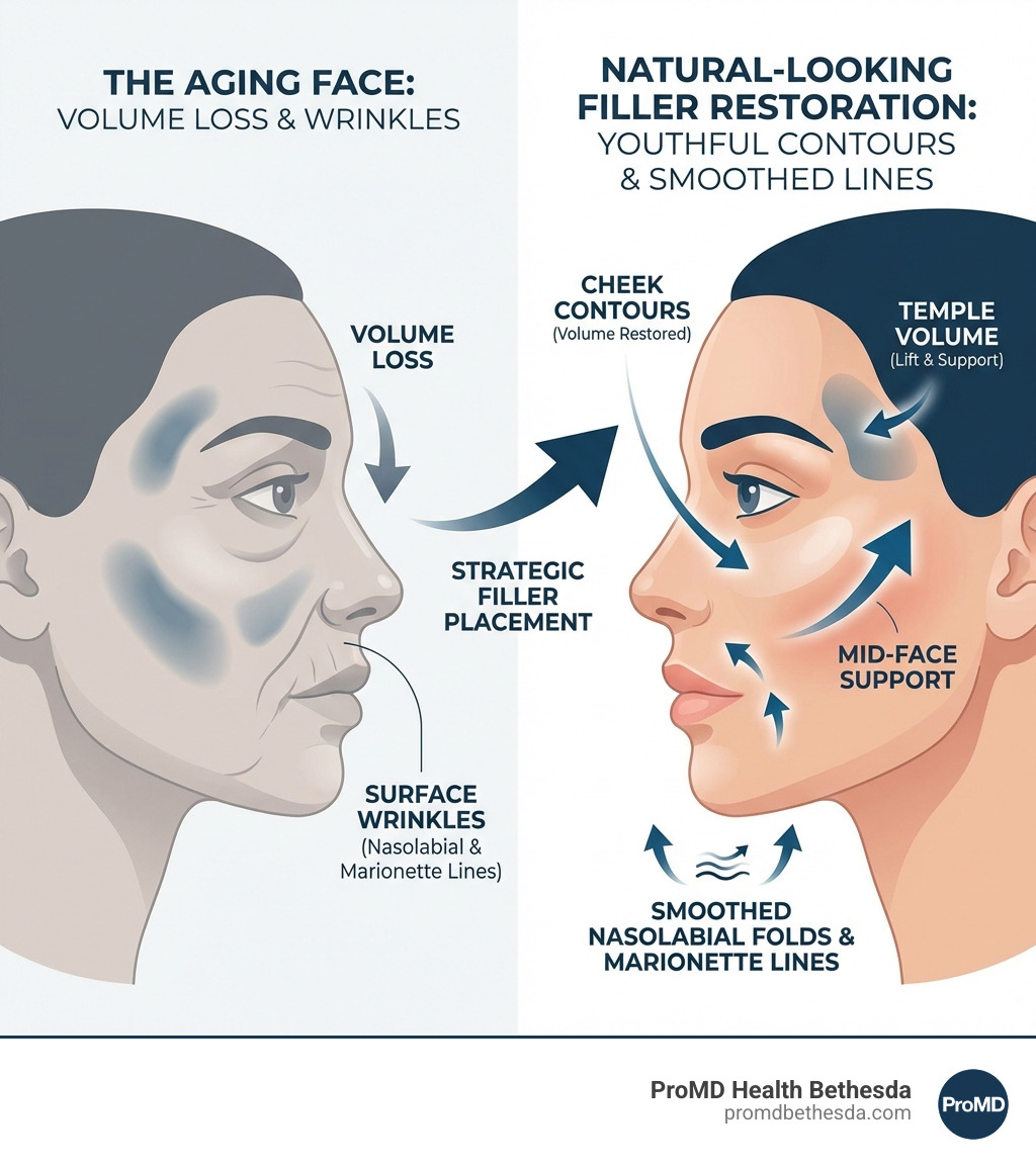 infographic showing the difference between volume loss in aging faces versus surface wrinkles, with arrows indicating how strategic filler placement restores youthful contours in cheeks, temples, and mid-face while smoothing nasolabial folds and marionette lines - natural-looking fillers infographic infographic showing the difference between volume loss in aging faces versus surface wrinkles, with arrows indicating how strategic filler placement restores youthful contours in cheeks, temples, and mid-face while smoothing nasolabial folds and marionette lines - natural-looking fillers infographic